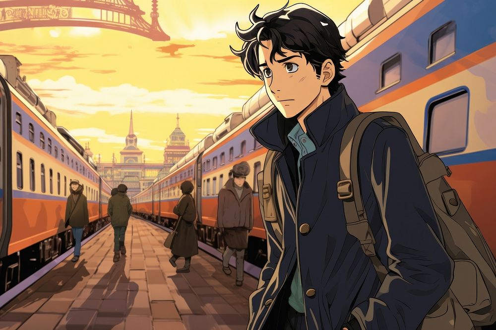 A boy getting lost at a train station anime vehicle adult.
