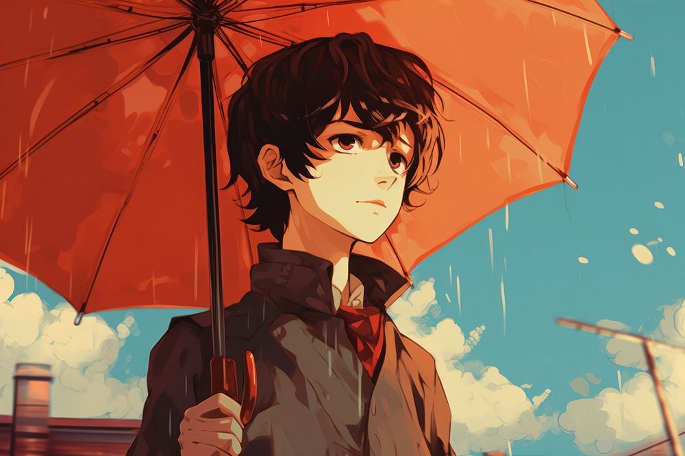 A boy with an umbrella anime architecture shielding.
