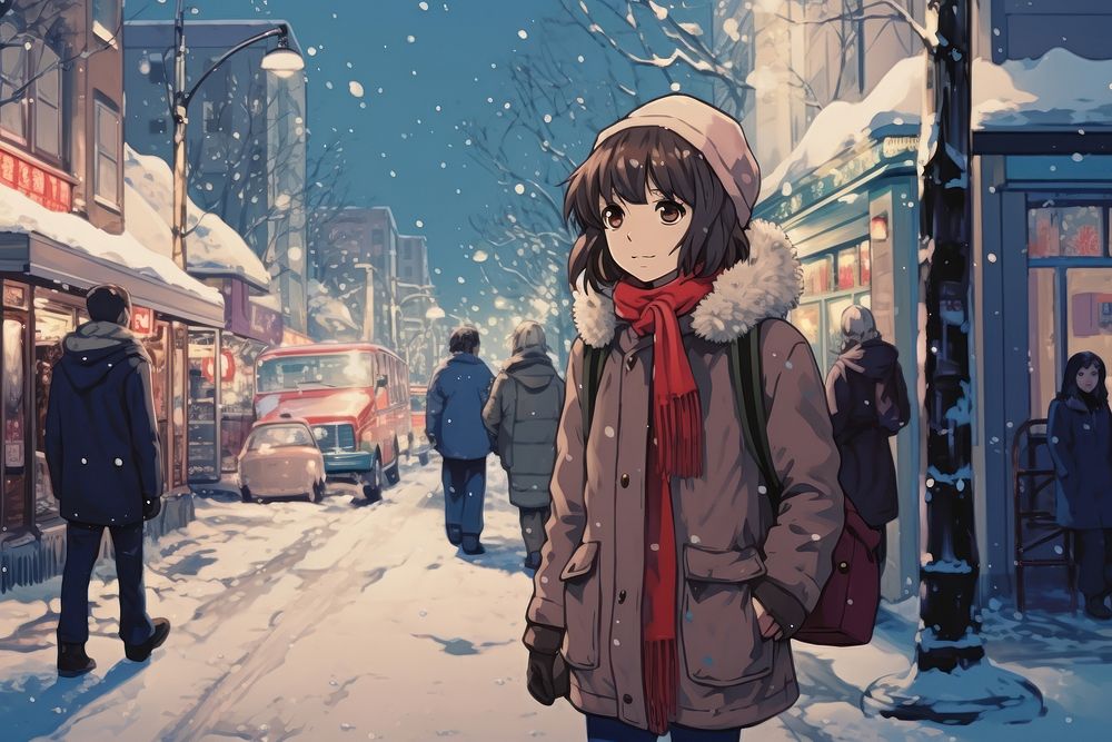 A snowy day anime adult transportation.