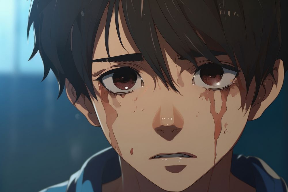 Boy crying anime headshot portrait.