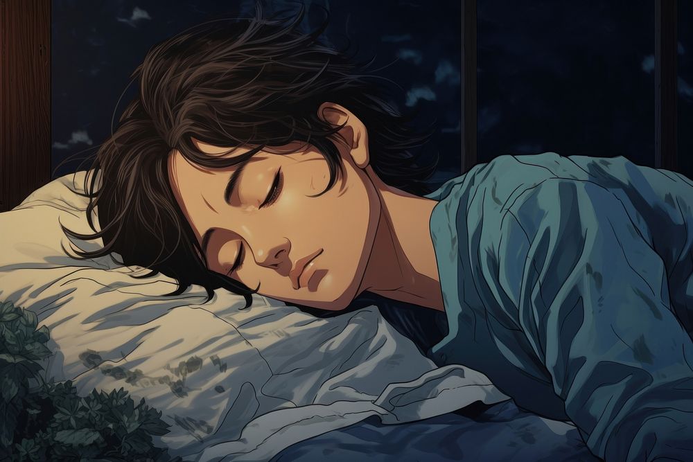 Boy sleeping in bed anime contemplation comfortable.