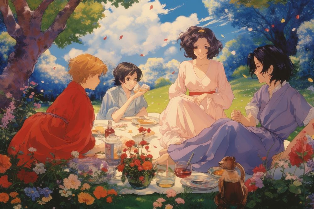 Garden party painting adult anime.