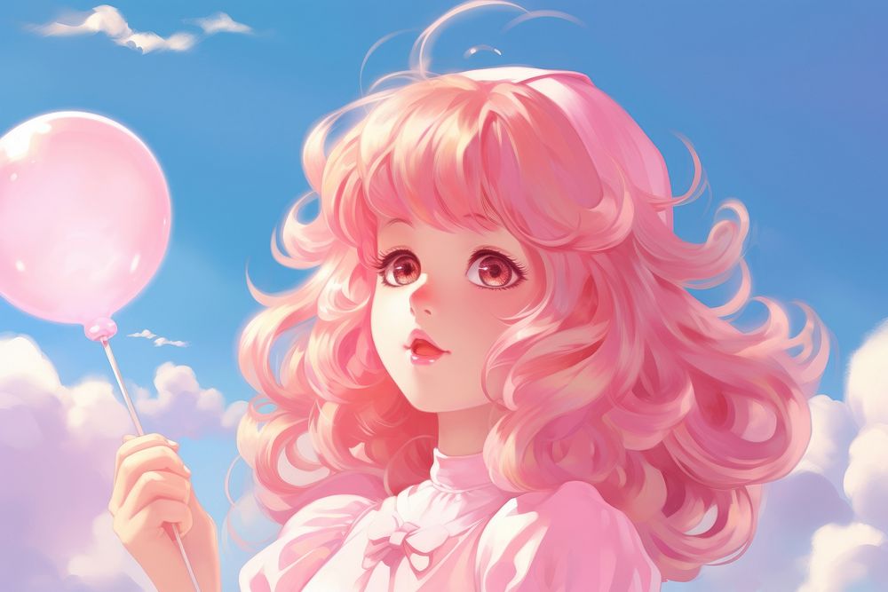 Girl eating candy floss anime hairstyle portrait.