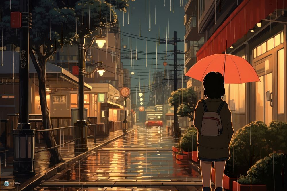 Rainy days walking street anime.