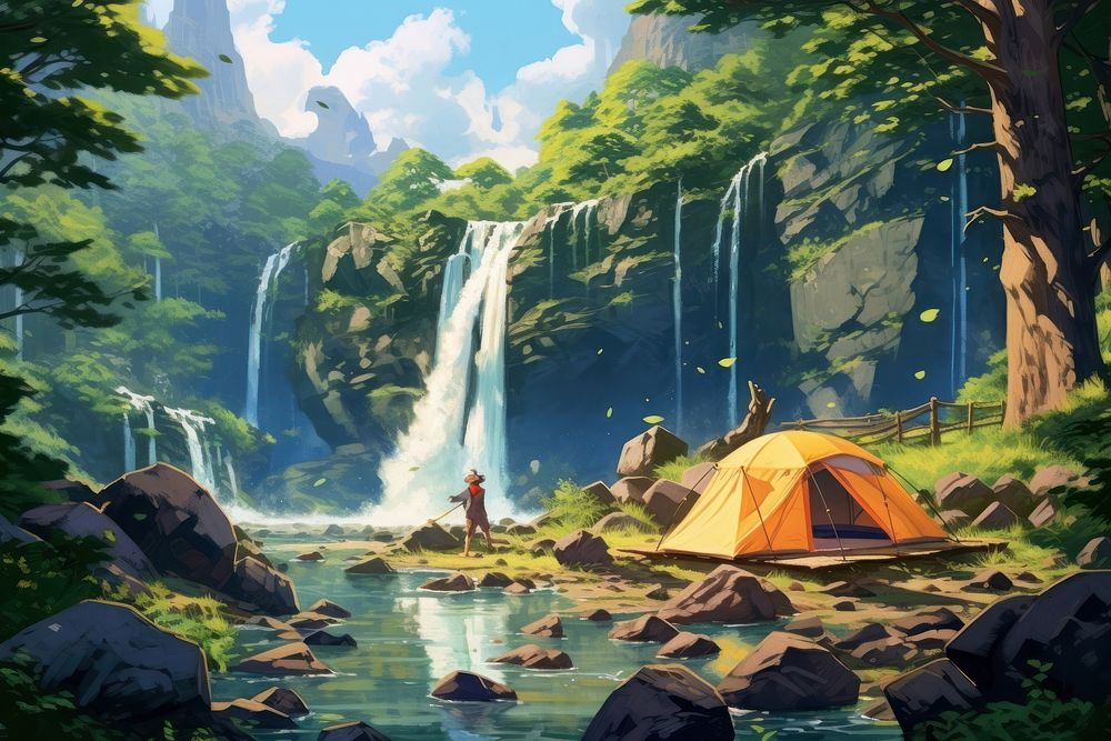 Japanese anime waterfall camping outdoors nature.