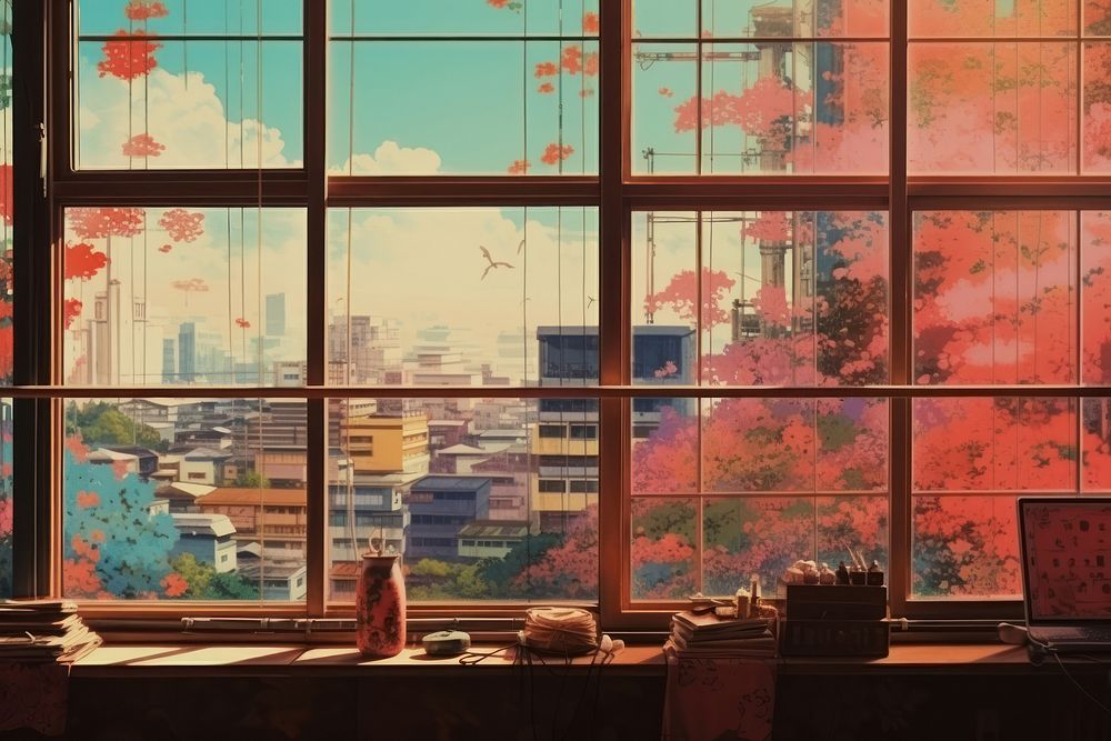 Japanese anime window pane architecture building electronics.