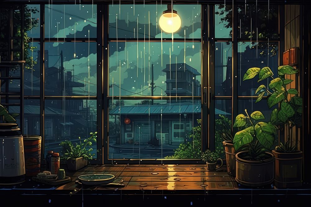 Japanese anime window pane night architecture illuminated.