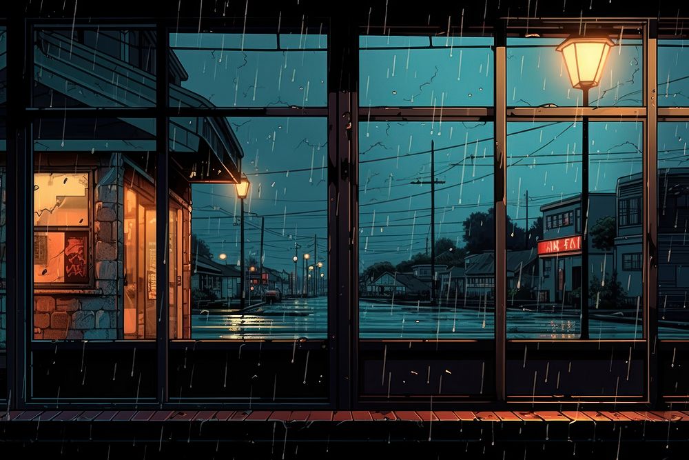 Japanese anime window pane night rain architecture.
