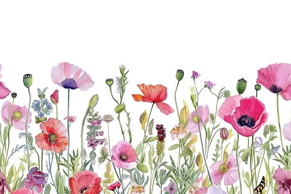 Pink poppy flowers and wildflowers backgrounds drawing plant.