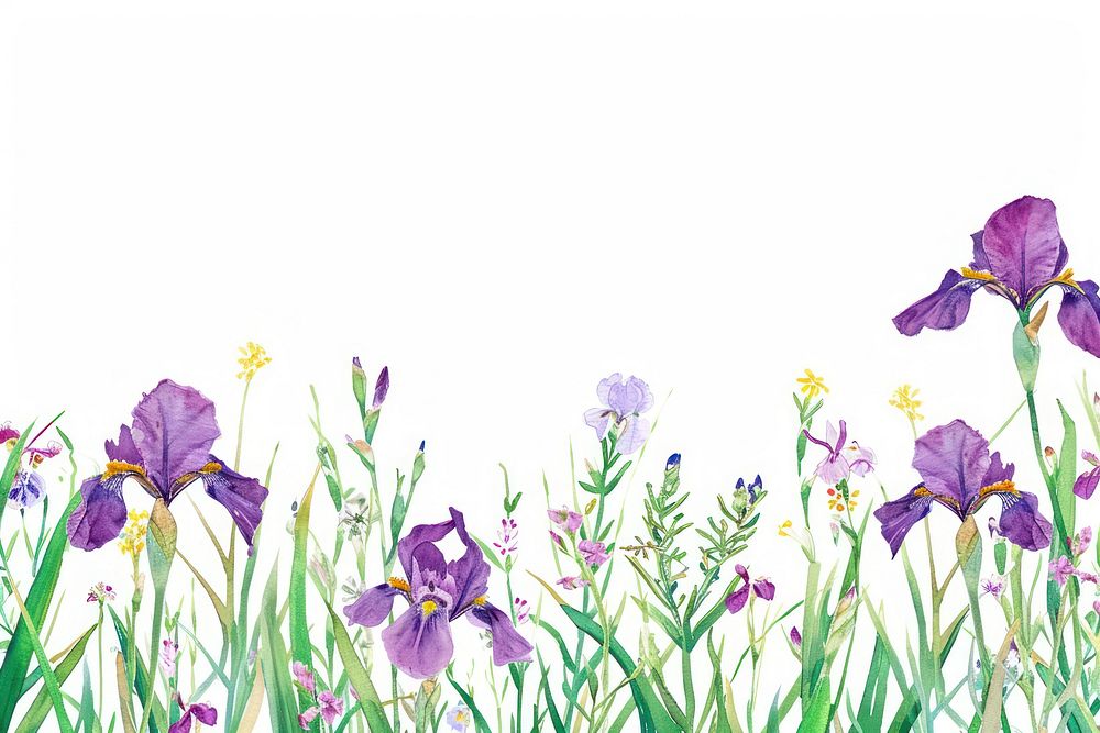 Purple iris flower and wildflowers blossom plant petal.