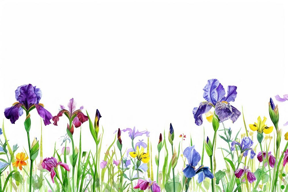 Purple iris flower and wildflowers outdoors blossom nature.
