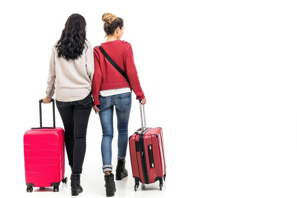 Lesbian lover walk with luggage suitcase adult woman.