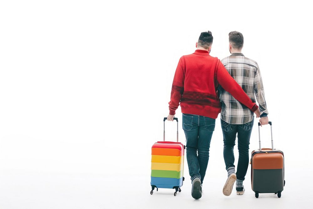 Lgbtq lover walk with luggage suitcase adult white background.