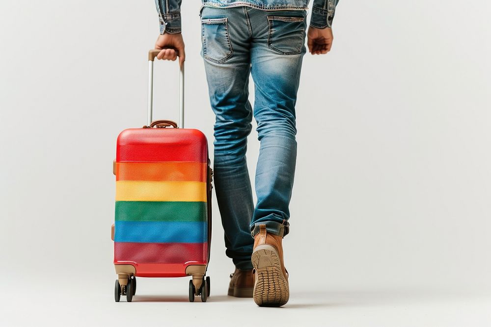 Lgbtq lover walk with luggage suitcase footwear pants.