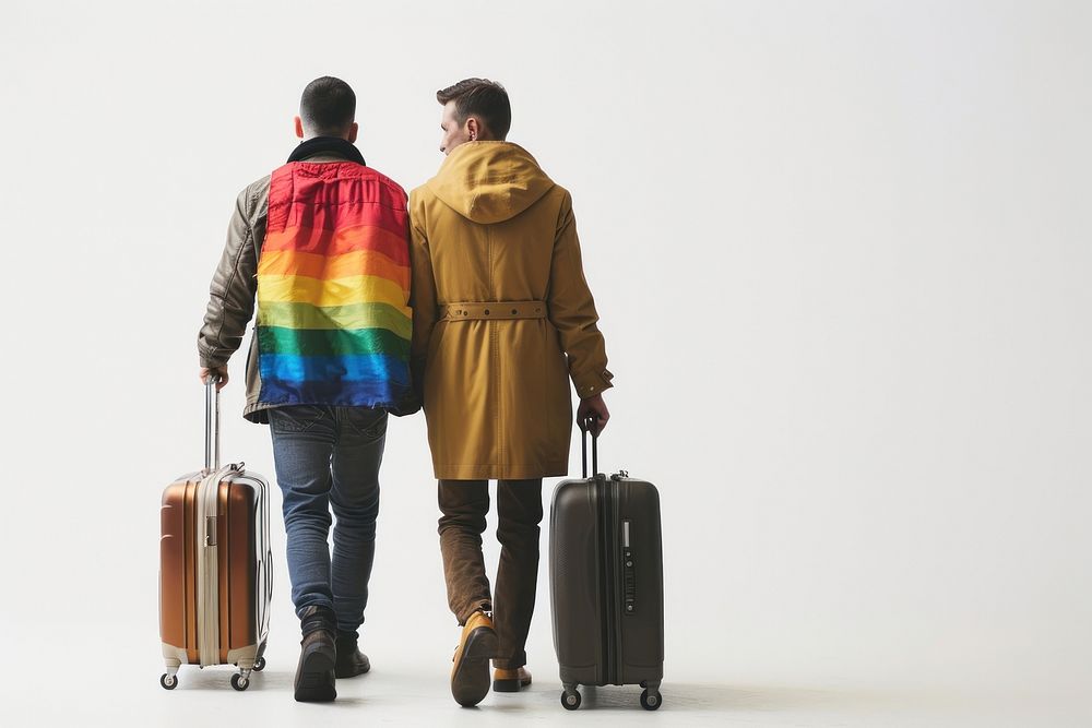 Lgbtq lover walk with luggage suitcase adult coat.