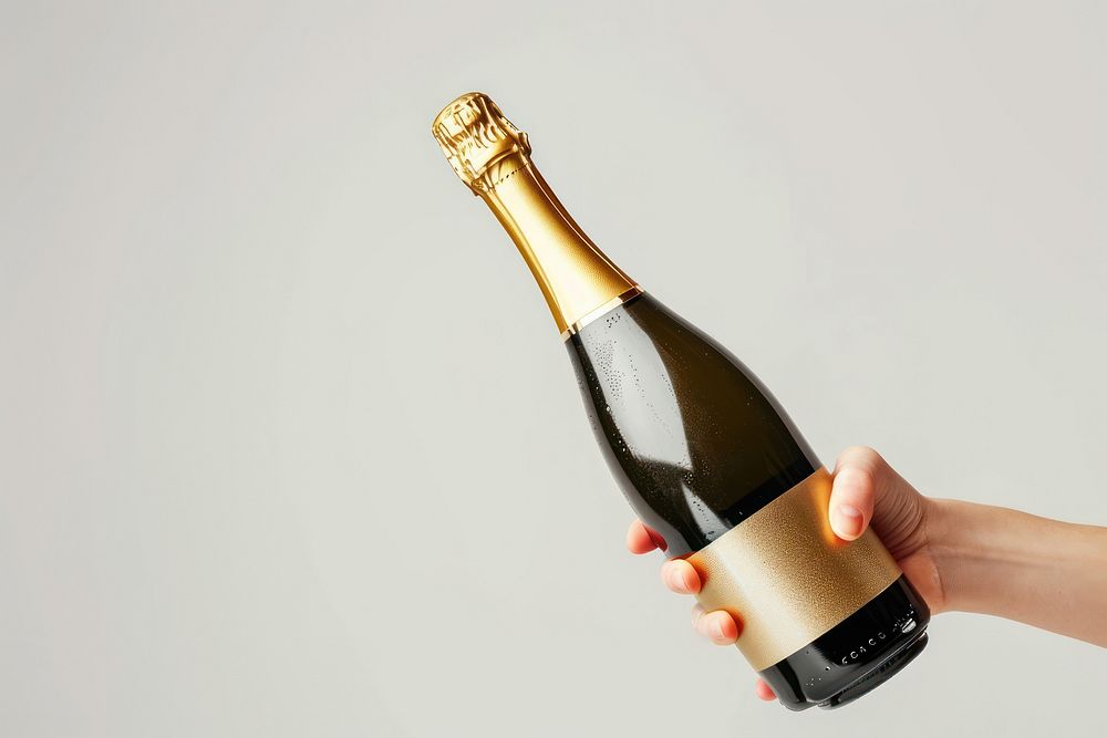 Hand hold champagne bottle drink wine refreshment.