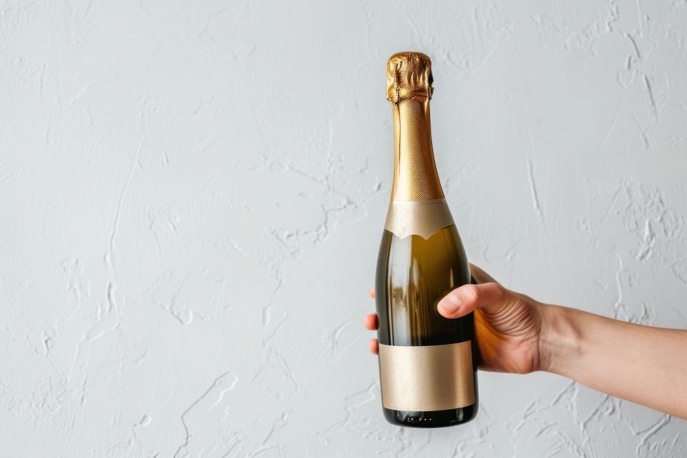 Hand hold champagne bottle drink wine refreshment.