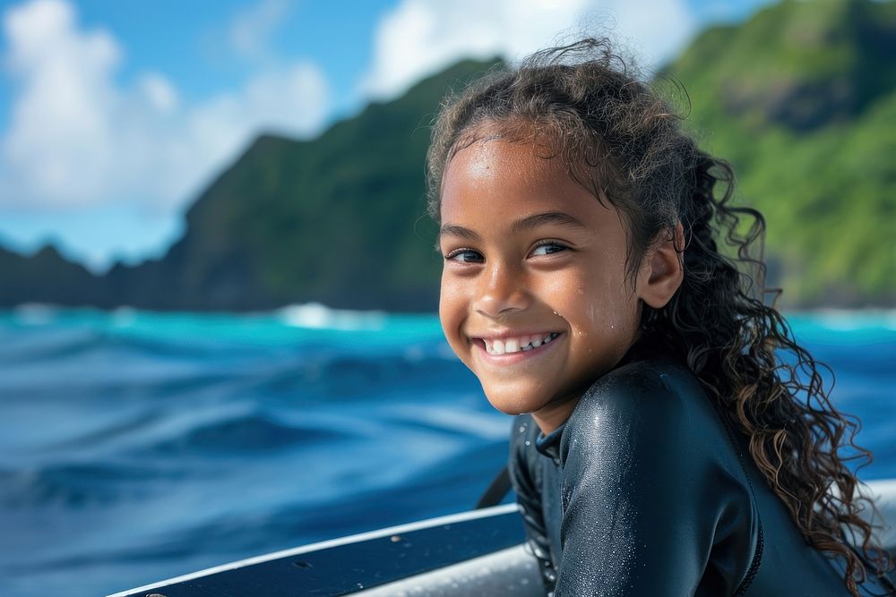 Happy samoan diver young girl portrait sports smile.