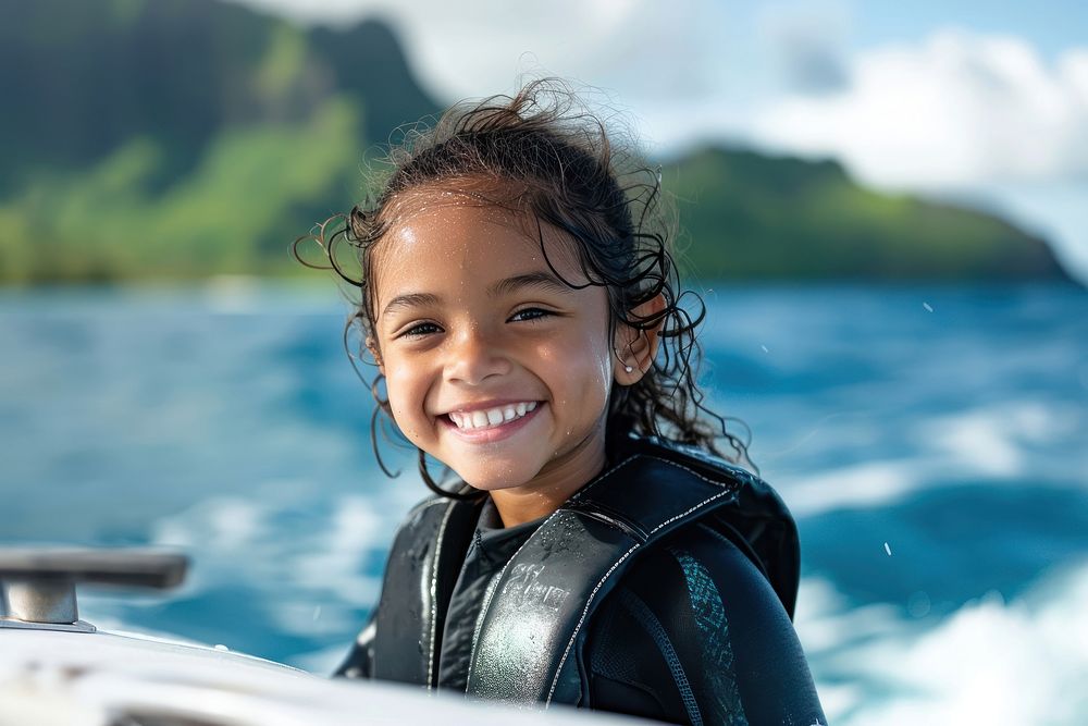 Happy samoan diver young girl portrait sports smile.