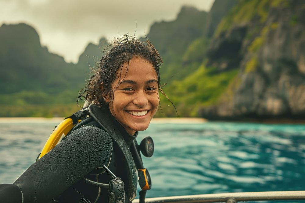 Happy samoan diver young girl sea adventure swimming.