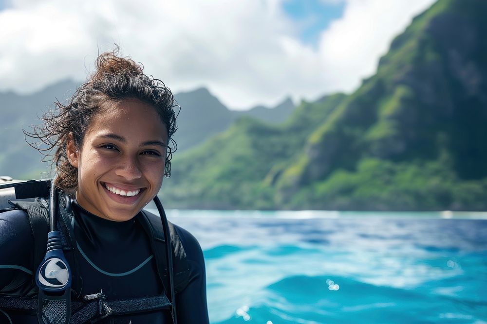 Happy samoan diver young girl outdoors nature smile.