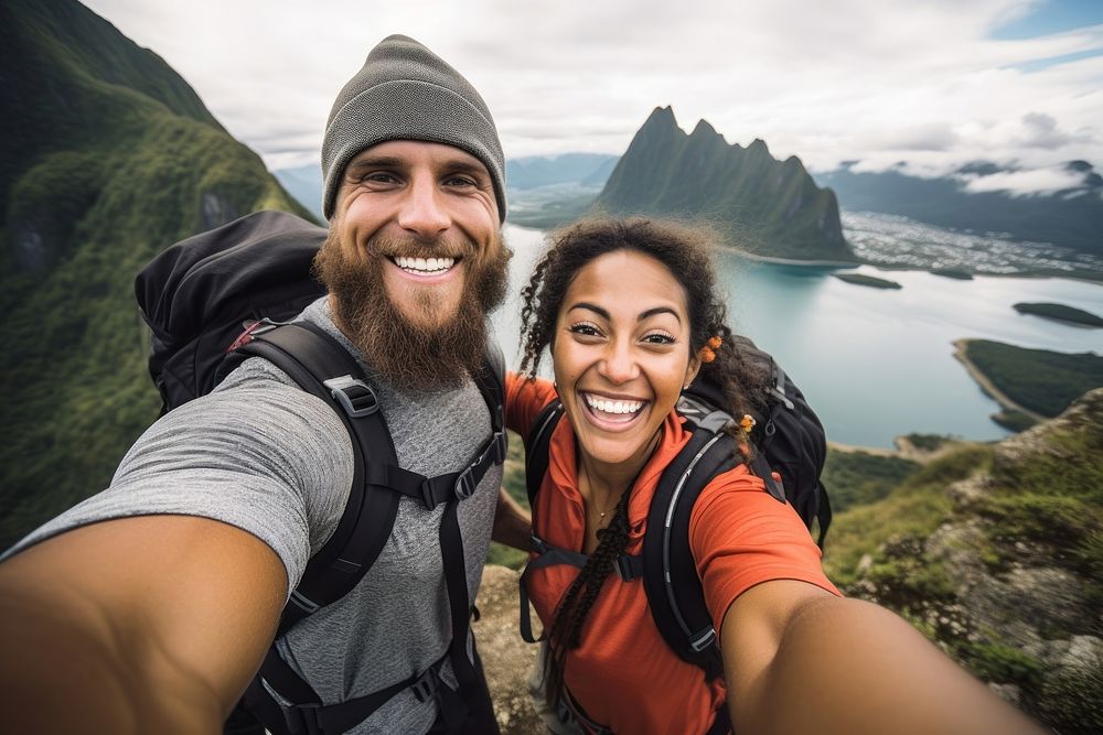 Samoan couple traveler hiking selfie adventure.