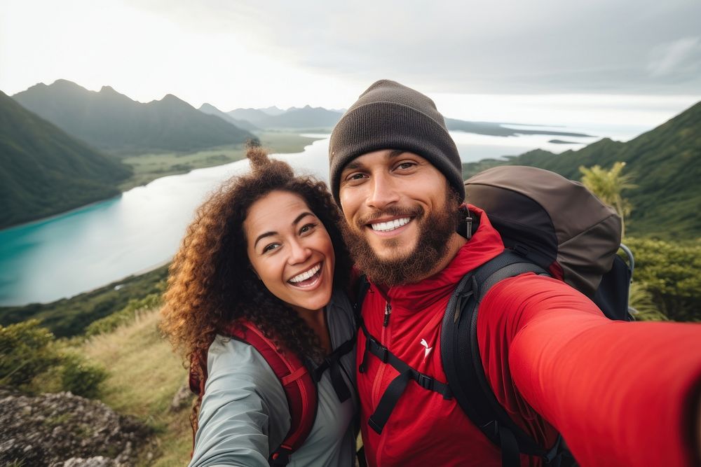 Samoan couple traveler hiking selfie adventure.