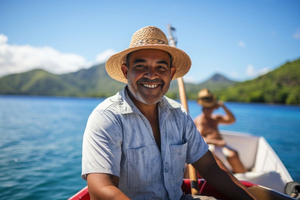 Samoan tourist guide boat sea portrait.