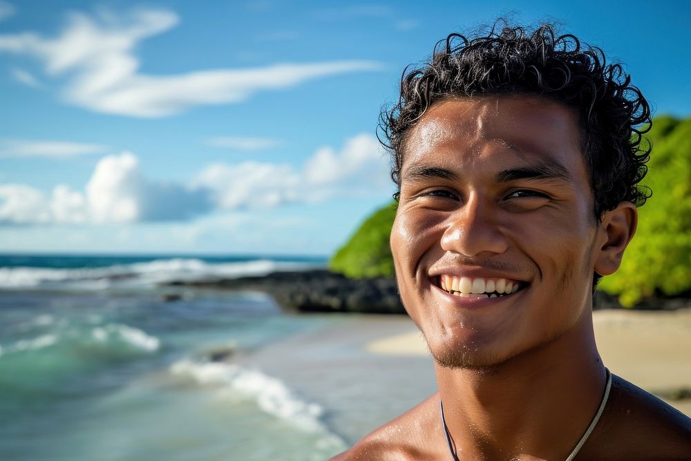 Pacific islander smiling beach smile barechested.