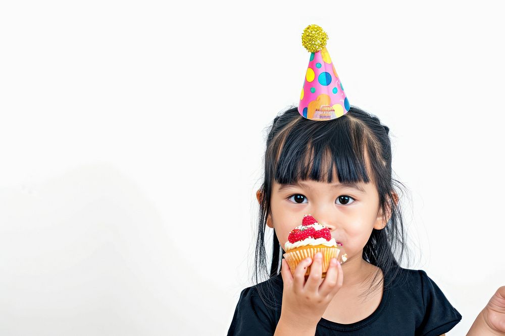 Asia girl eatting cupcake birthday portrait eating.