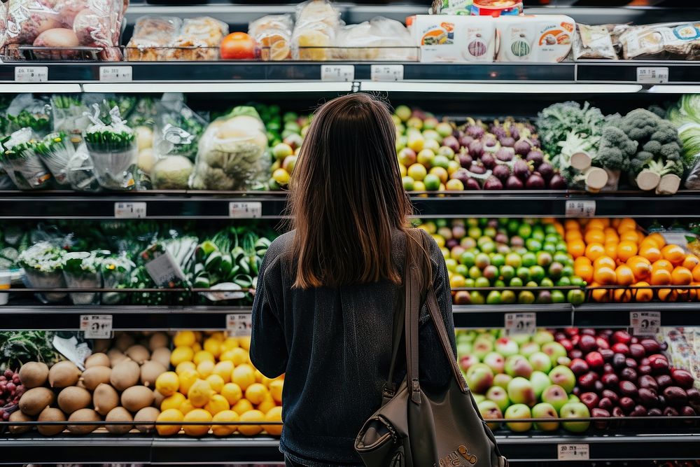 Women are choosing healthy foods in supermarkets adult consumerism arrangement.