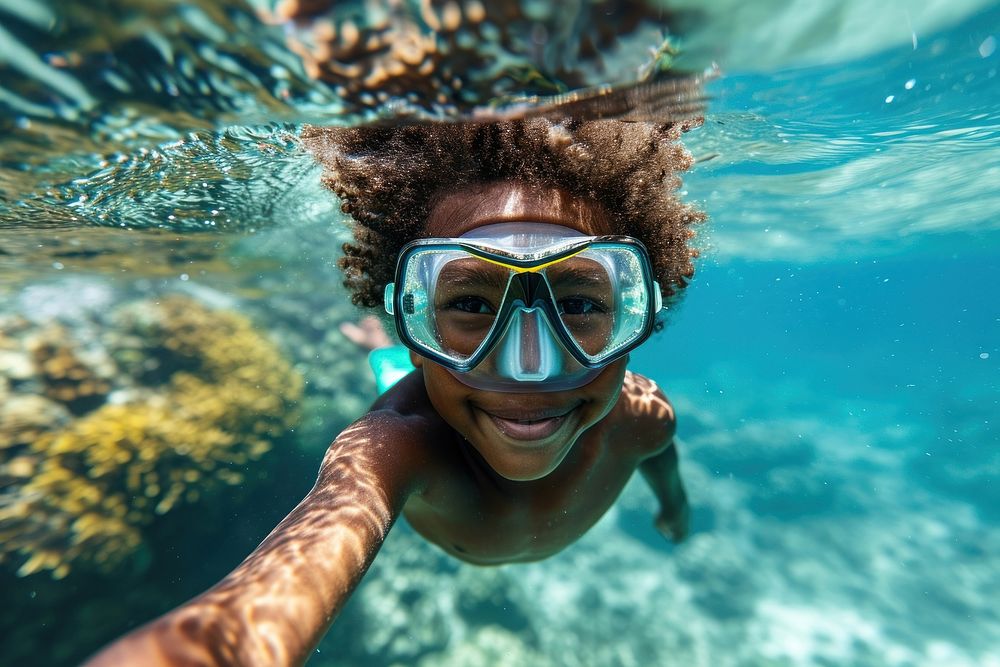 Happy samoan kid diver diving underwater recreation swimming.