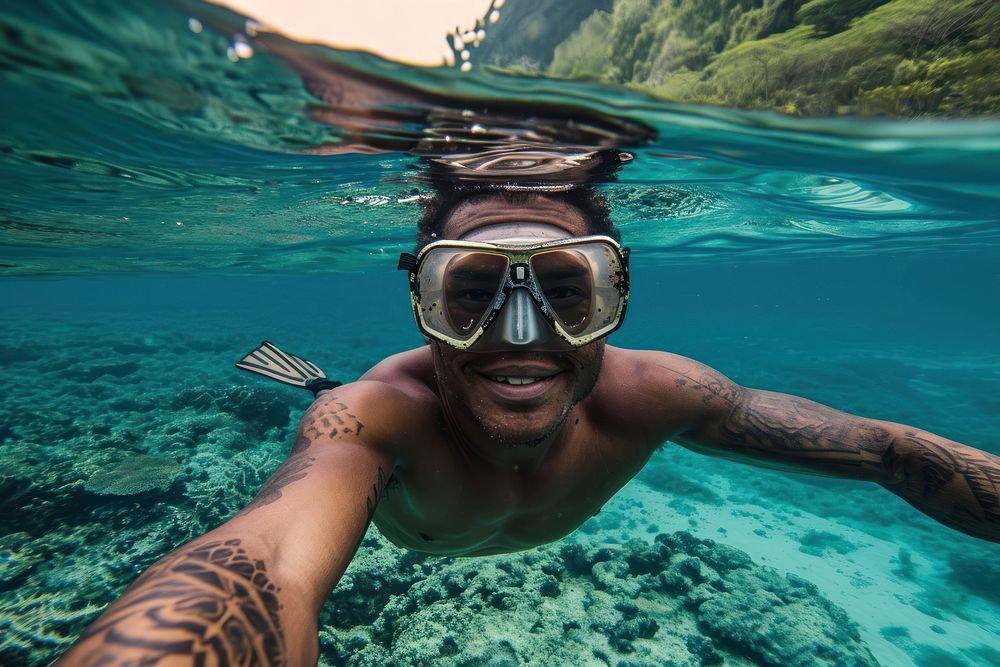 Happy samoan young diver diving underwater snorkeling swimming.