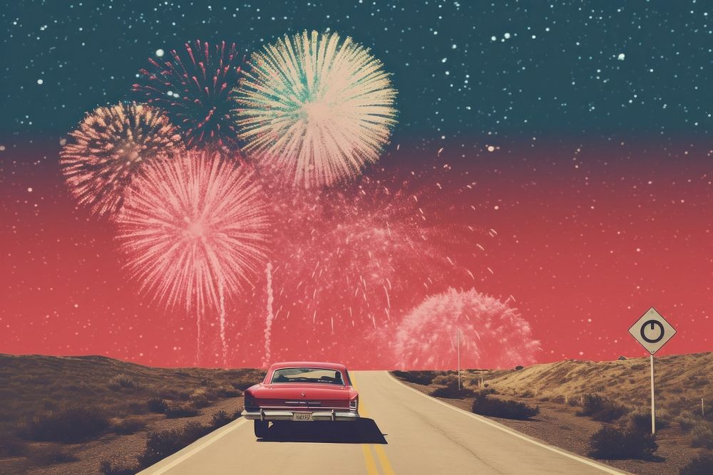 Collage Retro dreamy background fireworks road outdoors.