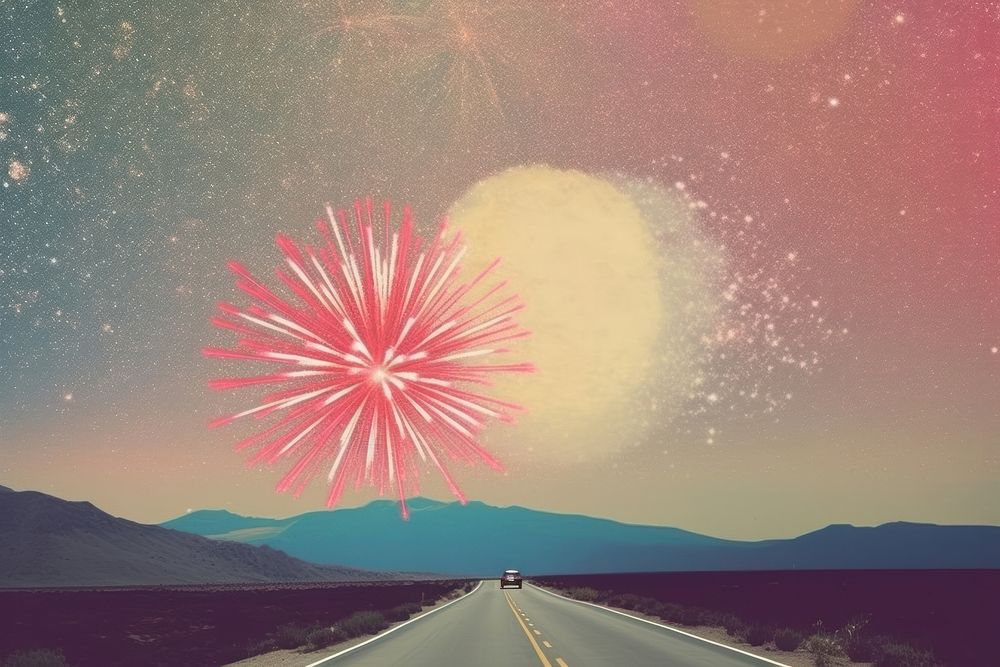 Collage Retro dreamy background fireworks road outdoors.