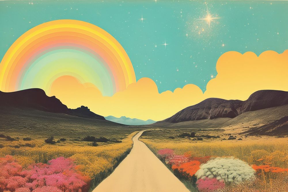 Collage Retro dreamy background road landscape outdoors.