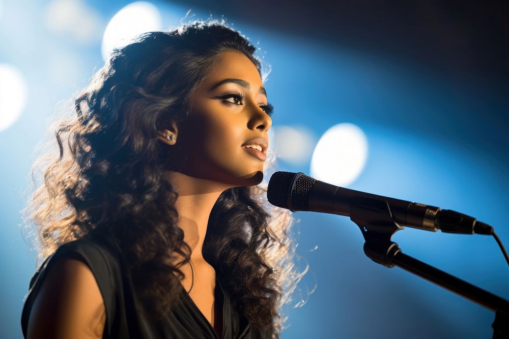 Sri Lankan female singer microphone adult stage. AI generated Image by rawpixel.