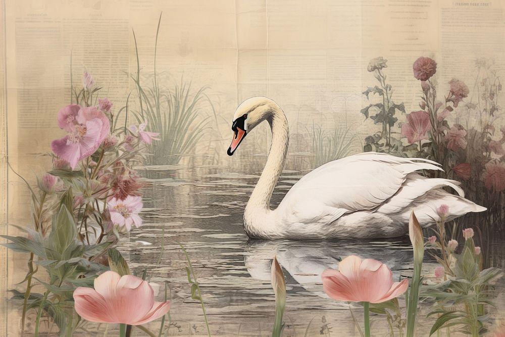 Swan in pond painting animal flower.