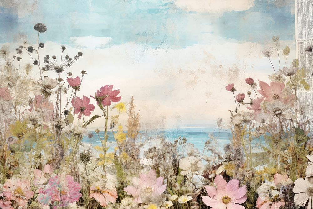 Lake and flower field border backgrounds painting plant.