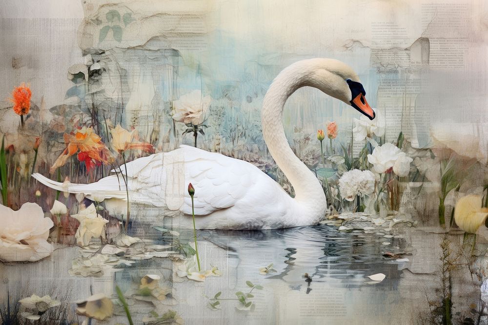 Swan in pond painting animal bird.