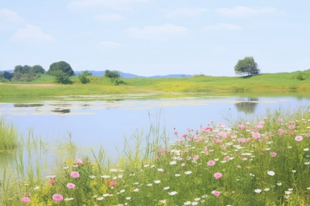 Flower field and pond scenery photo landscape outdoors nature.