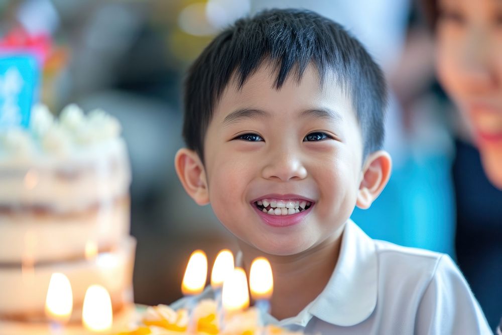 A happy asian boy celebrating birthday dessert candle party.