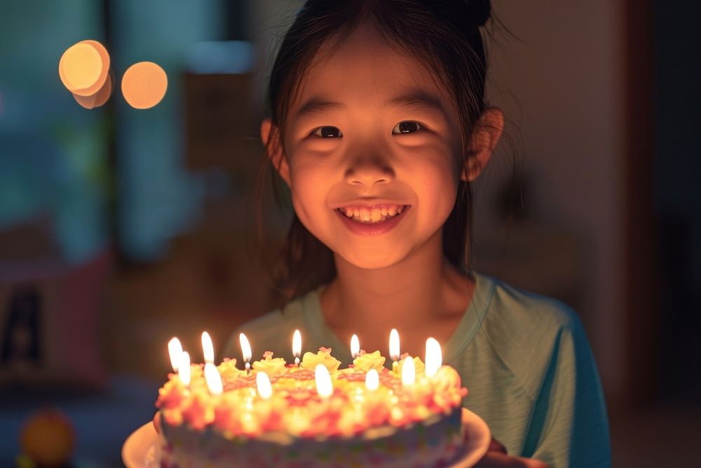 A happy asian girl celebrating birthday dessert candle party.