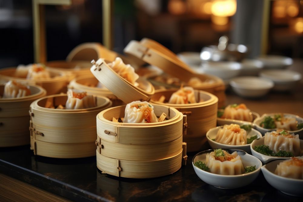 Chinese dimsum in wooden boxes table food plate.