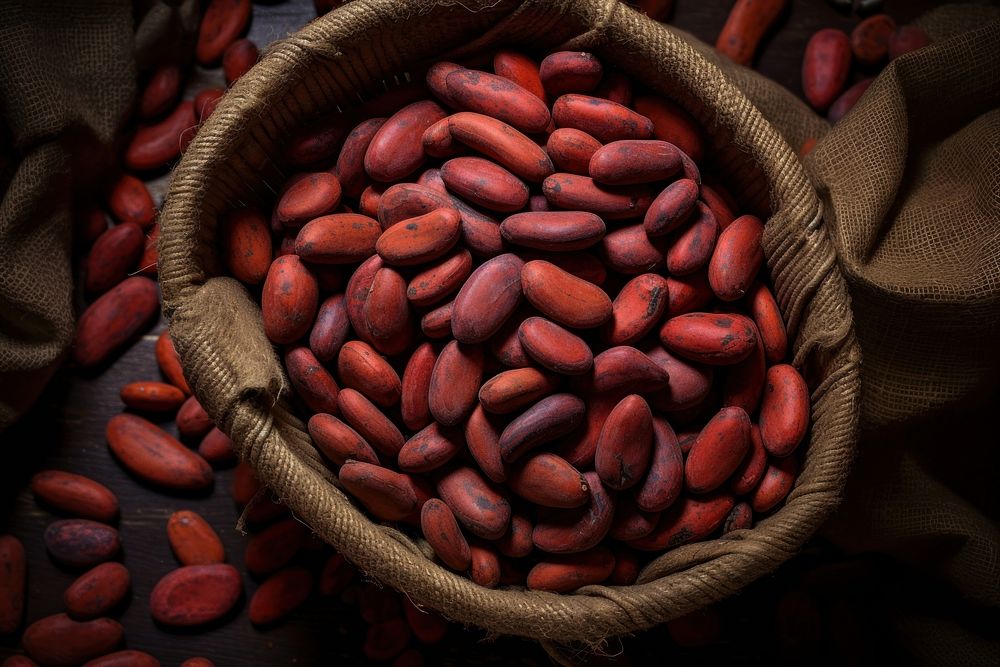 Close-up red cocoa beans food basket market.