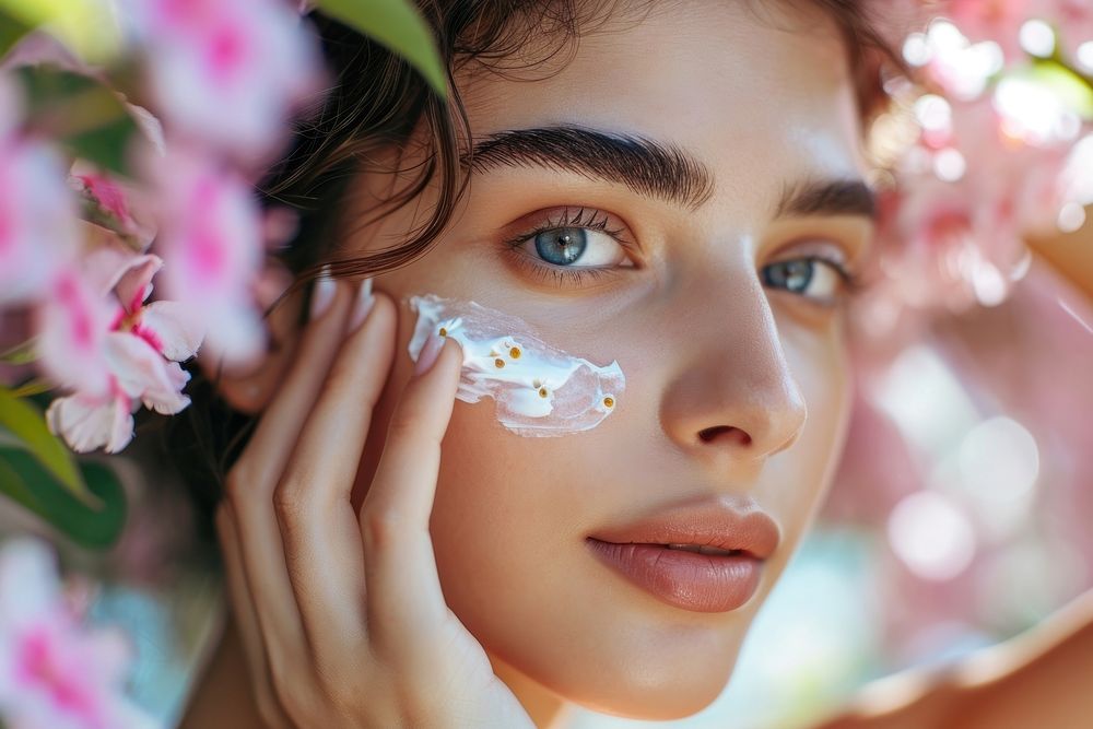 Woman using skin face cream portrait flower cheek.