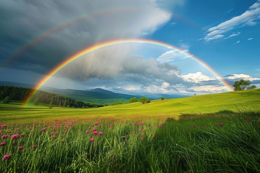 Rainbow meadow landscape grassland.
