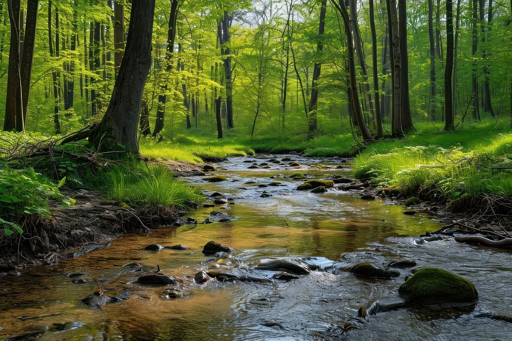 Spring Stream In the Forest scenery photo stream vegetation outdoors.