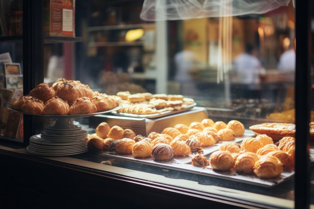 Pastries in a bakery window bread food.