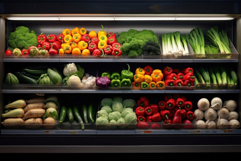 Supermarket fresh vegetable shelf plant food.